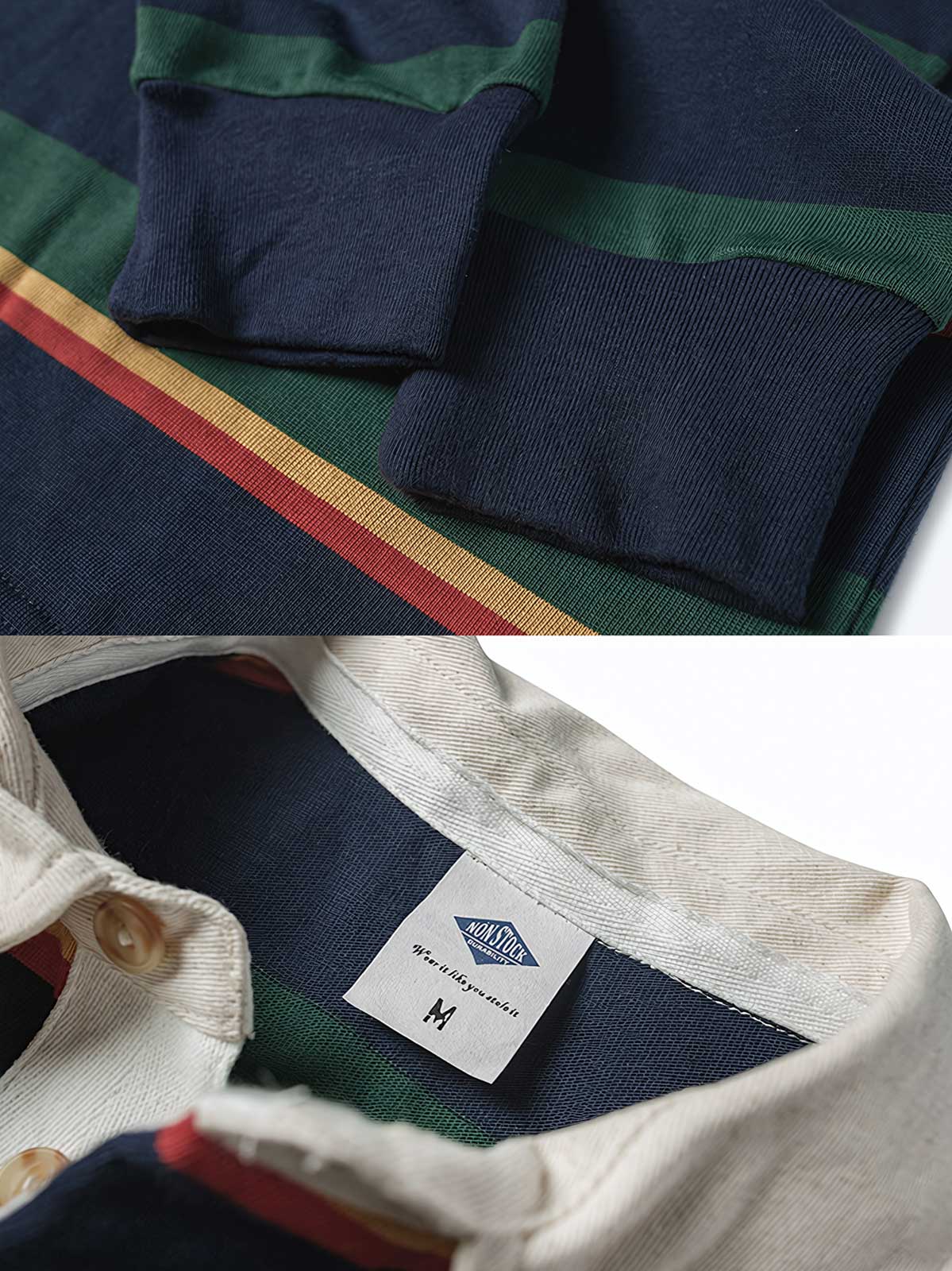 製品画像
グレーとバーガンディを基調としたブロックストライプデザインのラグビーシャツ。太いストライプと細いラインの組み合わせが80-90年代のアメカジカレッジスタイルを忠実に再現したクラシックな一着
詳細画像
ピュアコットン素材の襟元とグレーとバーガンディのブロックストライプ切り替え部分のディテール。丁寧な裁縫技術が際立つ仕上がりで、セロスパン技術によるヘビーウェイト生地の質感が魅力