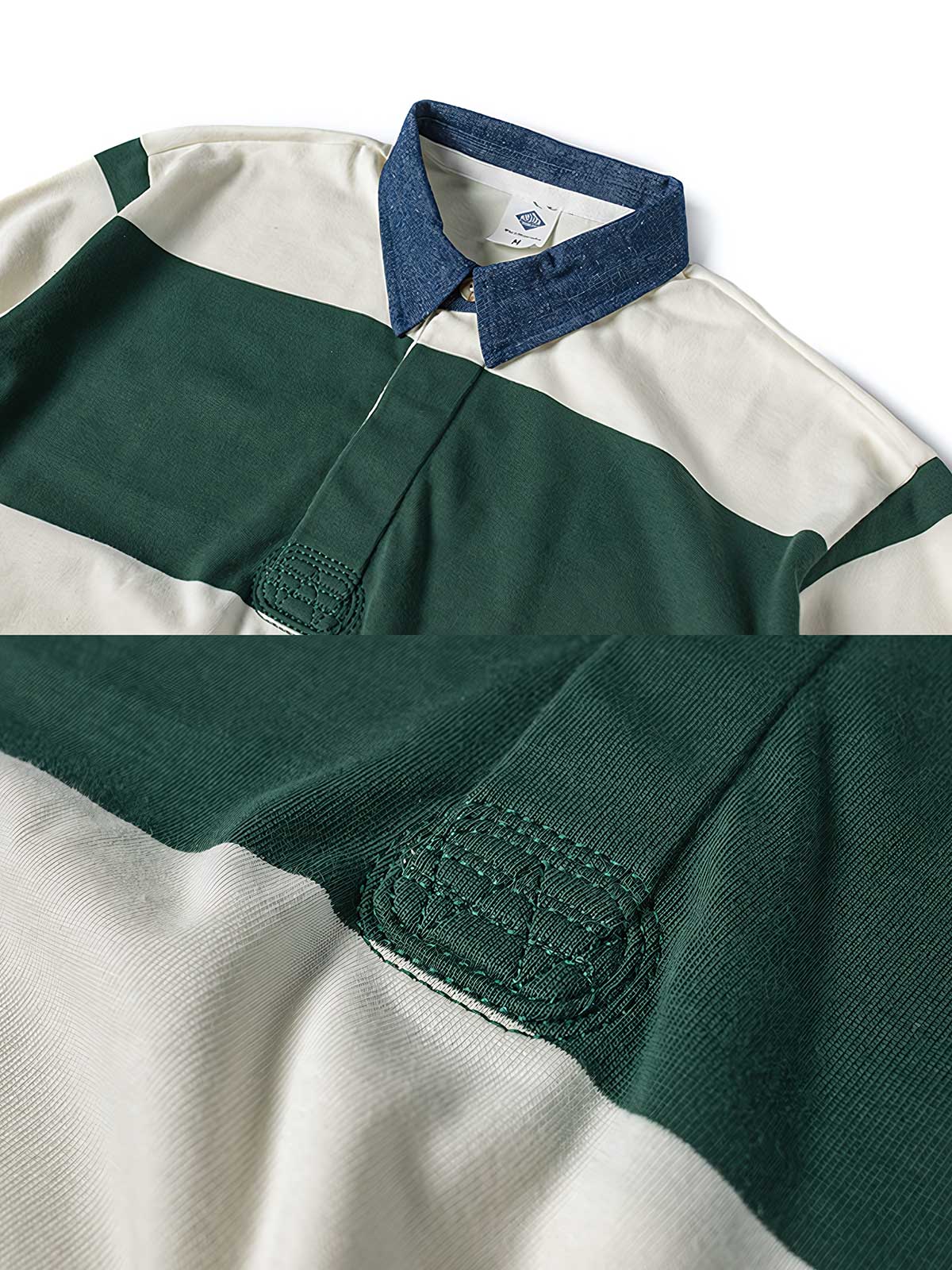 製品画像
グレーとバーガンディを基調としたブロックストライプデザインのラグビーシャツ。太いストライプと細いラインの組み合わせが80-90年代のアメカジカレッジスタイルを忠実に再現したクラシックな一着
詳細画像
ピュアコットン素材の襟元とグレーとバーガンディのブロックストライプ切り替え部分のディテール。丁寧な裁縫技術が際立つ仕上がりで、セロスパン技術によるヘビーウェイト生地の質感が魅力