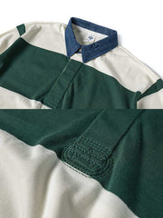 製品画像
グレーとバーガンディを基調としたブロックストライプデザインのラグビーシャツ。太いストライプと細いラインの組み合わせが80-90年代のアメカジカレッジスタイルを忠実に再現したクラシックな一着
詳細画像
ピュアコットン素材の襟元とグレーとバーガンディのブロックストライプ切り替え部分のディテール。丁寧な裁縫技術が際立つ仕上がりで、セロスパン技術によるヘビーウェイト生地の質感が魅力