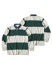 製品画像
グレーとバーガンディを基調としたブロックストライプデザインのラグビーシャツ。太いストライプと細いラインの組み合わせが80-90年代のアメカジカレッジスタイルを忠実に再現したクラシックな一着
詳細画像
ピュアコットン素材の襟元とグレーとバーガンディのブロックストライプ切り替え部分のディテール。丁寧な裁縫技術が際立つ仕上がりで、セロスパン技術によるヘビーウェイト生地の質感が魅力