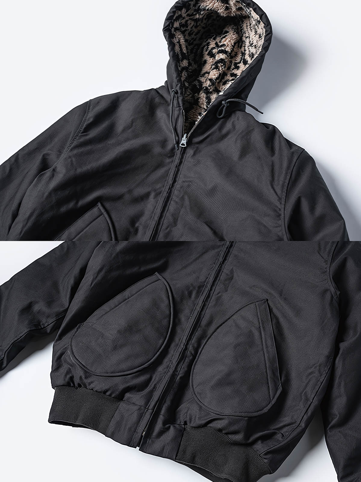 製品画像
1944年米軍のB-10フライトジャケットを基にデザインされたリバーシブルデッキジャケットの正面図。カーキ外層がミリタリーの伝統を再現し、クラシックな無骨さを体現
詳細画像
内側のレオパード柄フロッキープリントとConmar製ダブルジッパーのディテール特写。リバーシブル仕様ならではの2通りのスタイルを楽しめる実用的なデザイン