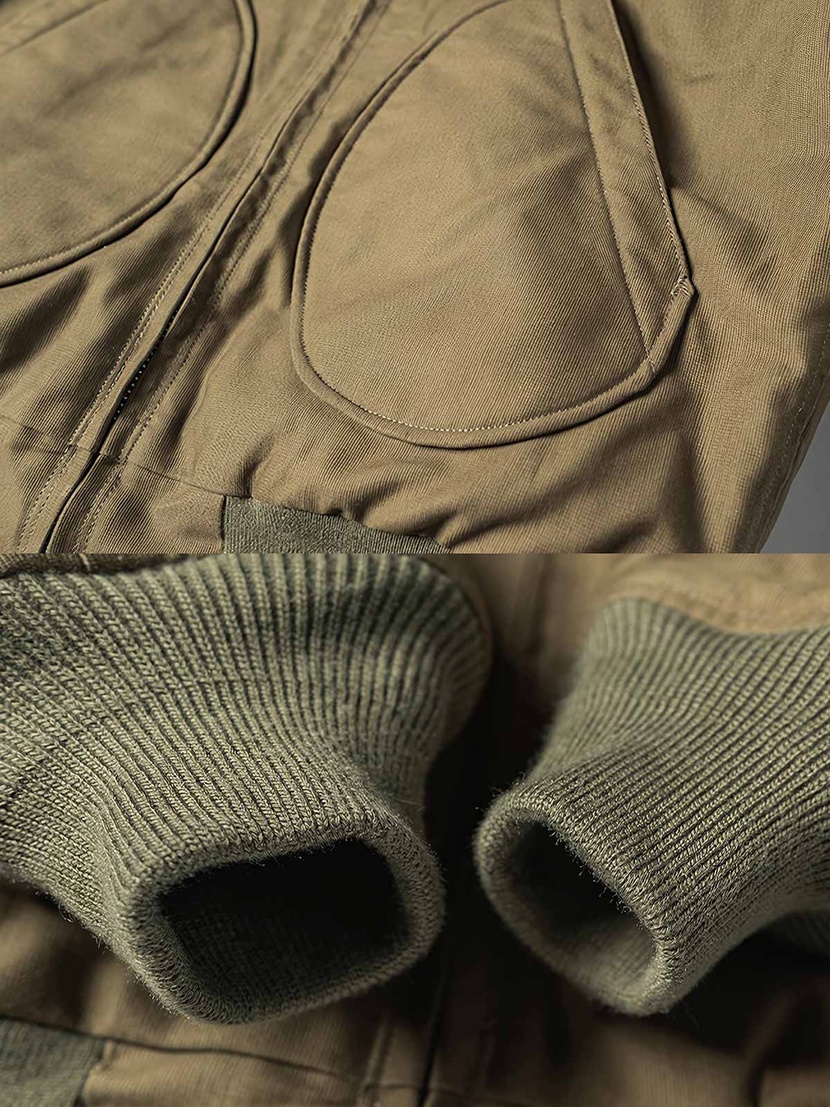 製品画像
1944年米軍のB-10フライトジャケットを基にデザインされたリバーシブルデッキジャケットの正面図。カーキ外層がミリタリーの伝統を再現し、クラシックな無骨さを体現
詳細画像
内側のレオパード柄フロッキープリントとConmar製ダブルジッパーのディテール特写。リバーシブル仕様ならではの2通りのスタイルを楽しめる実用的なデザイン