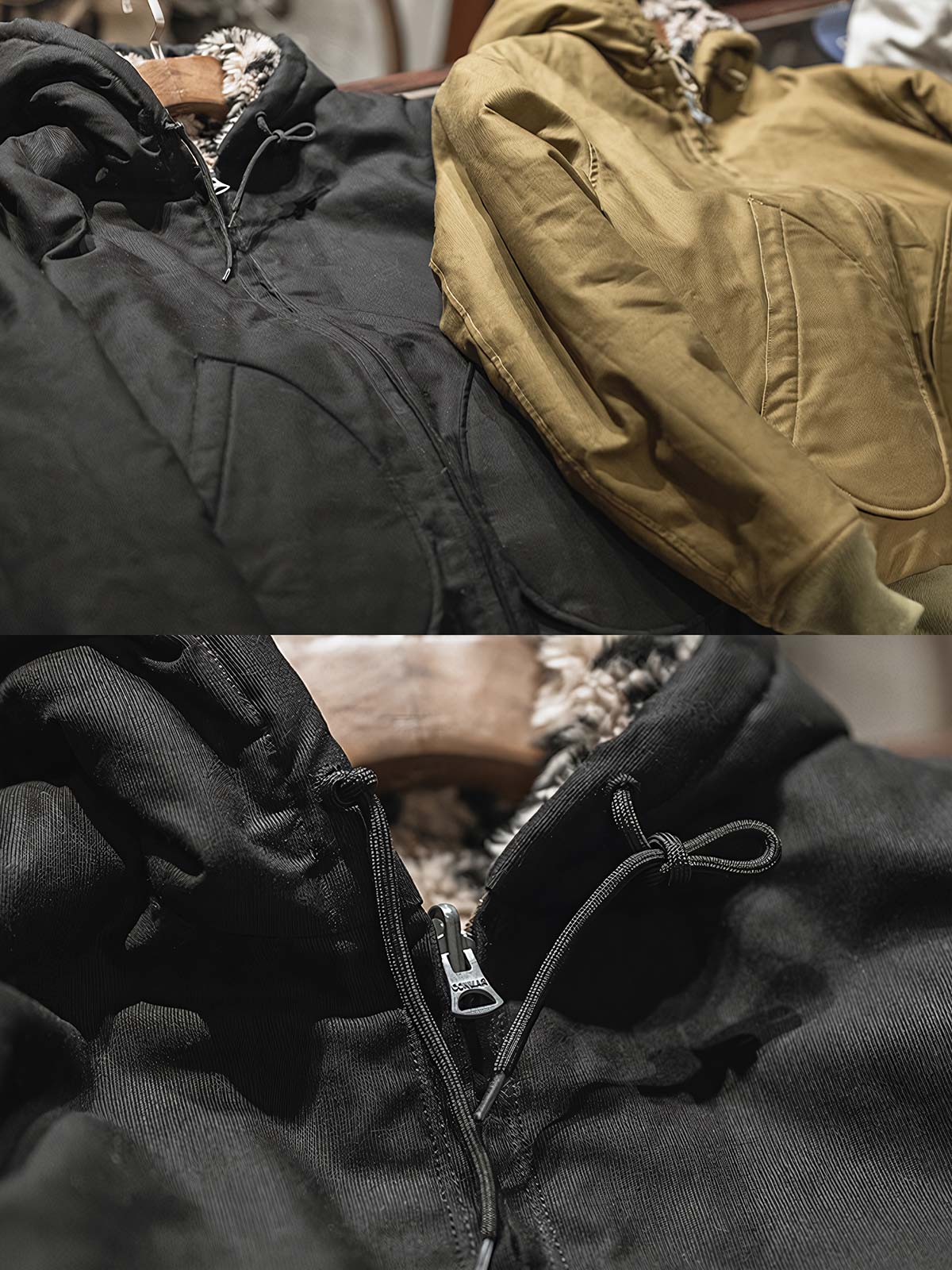 製品画像
1944年米軍のB-10フライトジャケットを基にデザインされたリバーシブルデッキジャケットの正面図。カーキ外層がミリタリーの伝統を再現し、クラシックな無骨さを体現
詳細画像
内側のレオパード柄フロッキープリントとConmar製ダブルジッパーのディテール特写。リバーシブル仕様ならではの2通りのスタイルを楽しめる実用的なデザイン