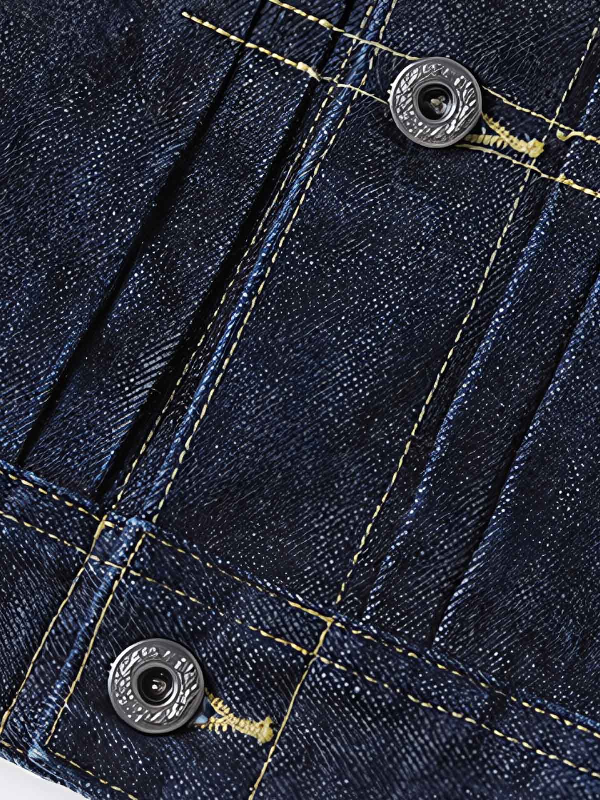 製品画像
1940年代戦時中のS101Jを忠実に再現したリバイバルデニムジャケットの正面デザイン。14オンスのセルビッジデニムとヴィンテージ感溢れるインディゴブルーの色合いが特徴
詳細画像
鉄製の月桂(ゲッケイ)ボタンと真鍮製フライングソーサーリベットのディテール。経年変化による自然な錆びが美しく、クラシックなワークウェアの魅力を引き立てる精密な縫製