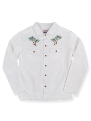 製品画像
「ヴィンテージ刺繍 長袖シャツ全体イメージ。胸元や背中に施されたアメリカンカルチャーを反映した刺繍が特徴のクラシックなデザイン。」
詳細画像
「胸元に描かれたカリフォルニアやハワイを象徴する文化的刺繍ディテールのクローズアップ。イーグルやフラダンスをする女性など、熟練の手作業によるヴィンテージ感あふれる仕上がり。」