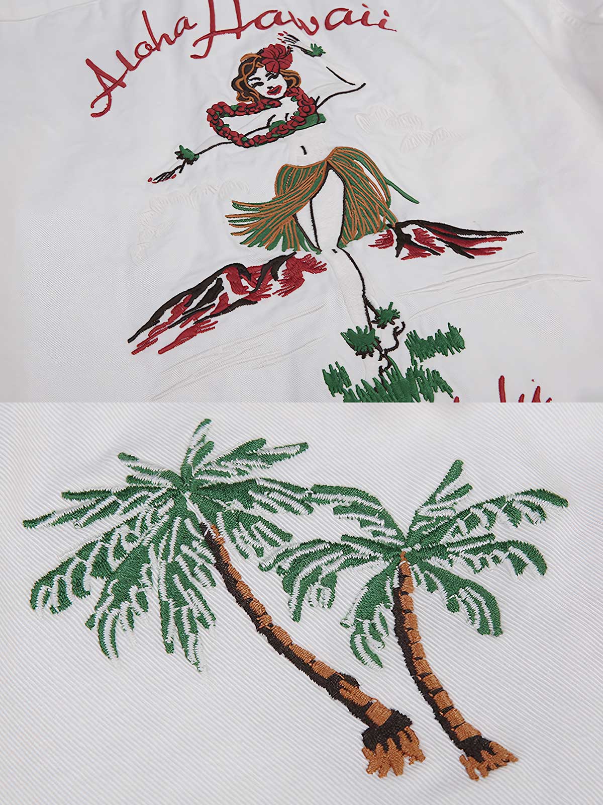 製品画像
「ヴィンテージ刺繍 長袖シャツ全体イメージ。胸元や背中に施されたアメリカンカルチャーを反映した刺繍が特徴のクラシックなデザイン。」
詳細画像
「胸元に描かれたカリフォルニアやハワイを象徴する文化的刺繍ディテールのクローズアップ。イーグルやフラダンスをする女性など、熟練の手作業によるヴィンテージ感あふれる仕上がり。」