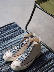 製品画像
「インディゴ染め パッチワーク ヴィンテージ シューレース全体イメージ。藍染め古布を使用し、丸型デザインとヴィンテージ感あふれるパッチワーク技法が特徴。」
細部画像
「金属製シューレースチップと自然な色褪せ感を持つ丸型シューレースのディテールクローズアップ。」