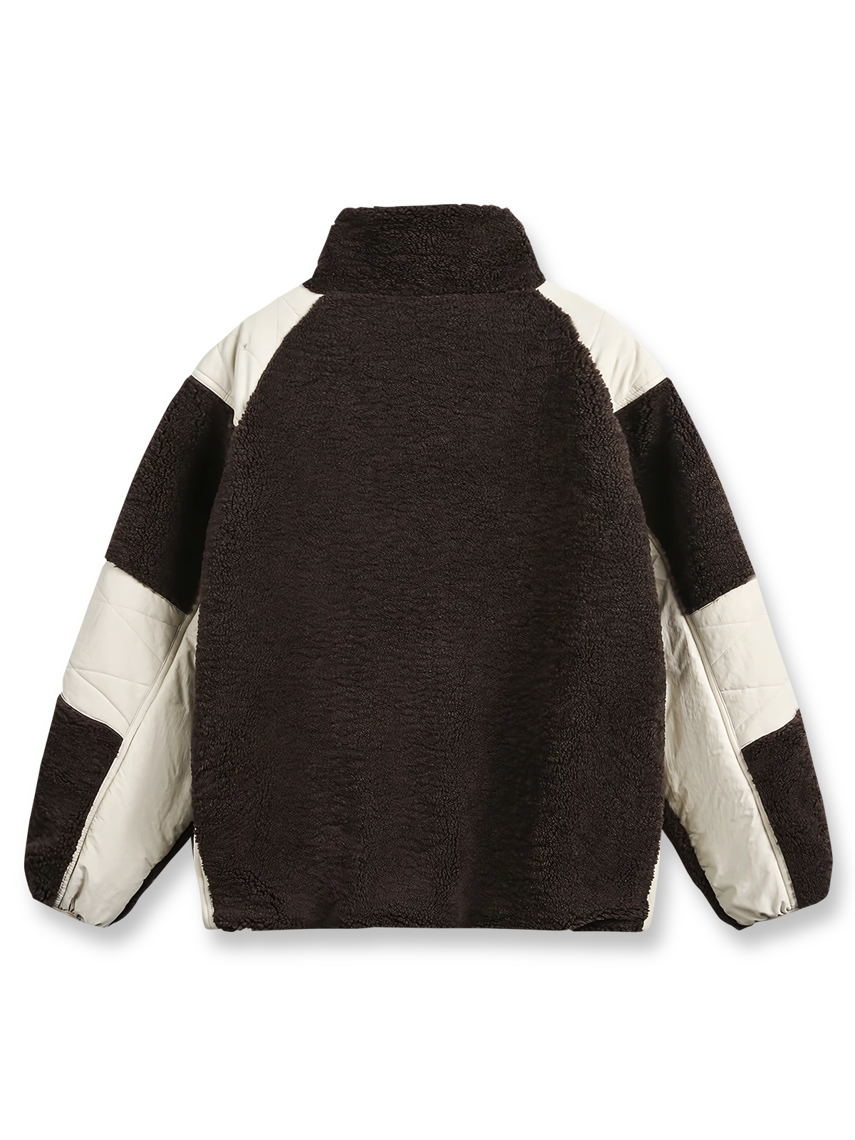 製品画像: リバーシブル シープスキン 中綿ジャケット。柔らかなシープスキンと耐久性のある織りナイロン素材を組み合わせた、多用途デザインの正面全体展示図。
詳細画像: バイカラーデザインと多機能ポケット、さらにハイネック仕様が特徴のリバーシブルジャケットのディテールクローズアップ。