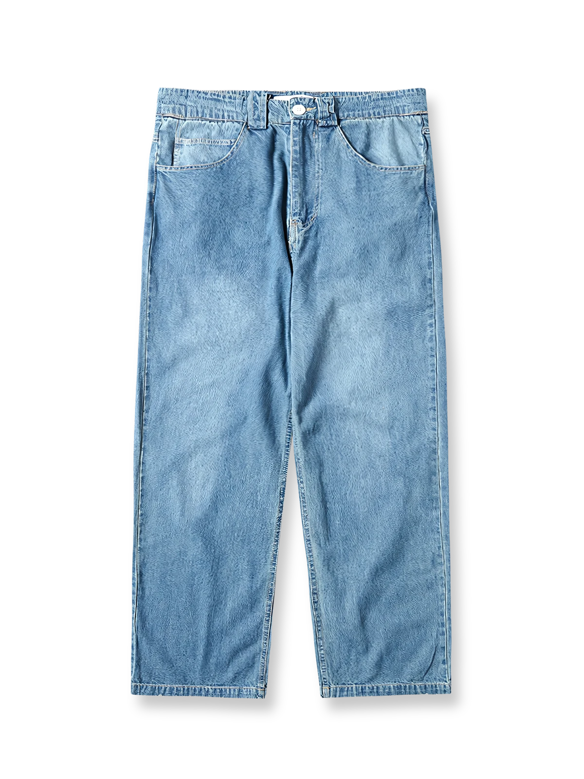 製品画像:
「ライトブルー ストレートデニムパンツの全体展示。ヴィンテージ感あふれるライトブルーのウォッシュ加工とクラシックなストレートカットが特徴のデニムパンツ。」
詳細画像:
「デニム素材のディテールとポケットデザインの特写。高品質コットン100%で、スラッシュポケットとパッチポケットが実用性とデザイン性を兼ね備えています。」