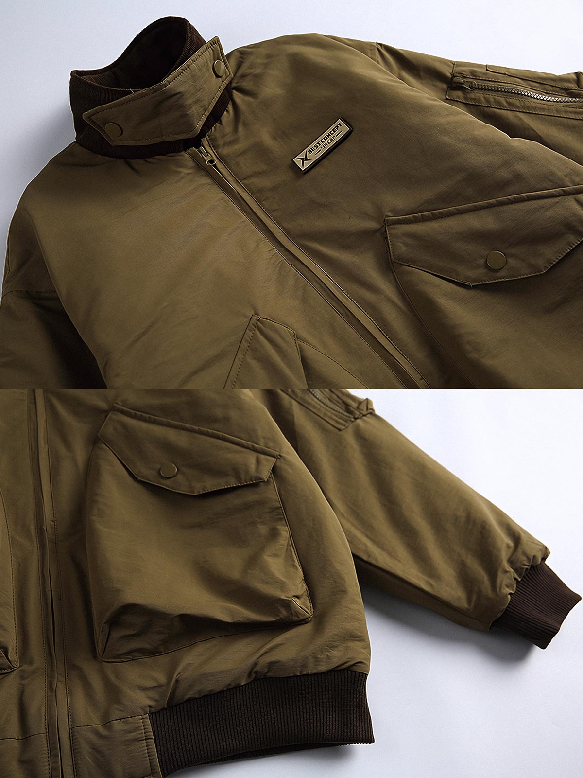 製品画像
"中綿フライトジャケット、クラシックなミリタリーデザインに現代的な実用性を加えたジャケット、キルティングと中綿素材で保温性を提供、下顎ストラップデザインで風の侵入を防止"
詳細画像
"中綿フライトジャケットのディテール、キルティング加工と中綿素材で優れた保温性を発揮、下顎ストラップデザインで風の侵入を防ぎ、パイプポケットがデザインのアクセントとなる実用的なデザイン"