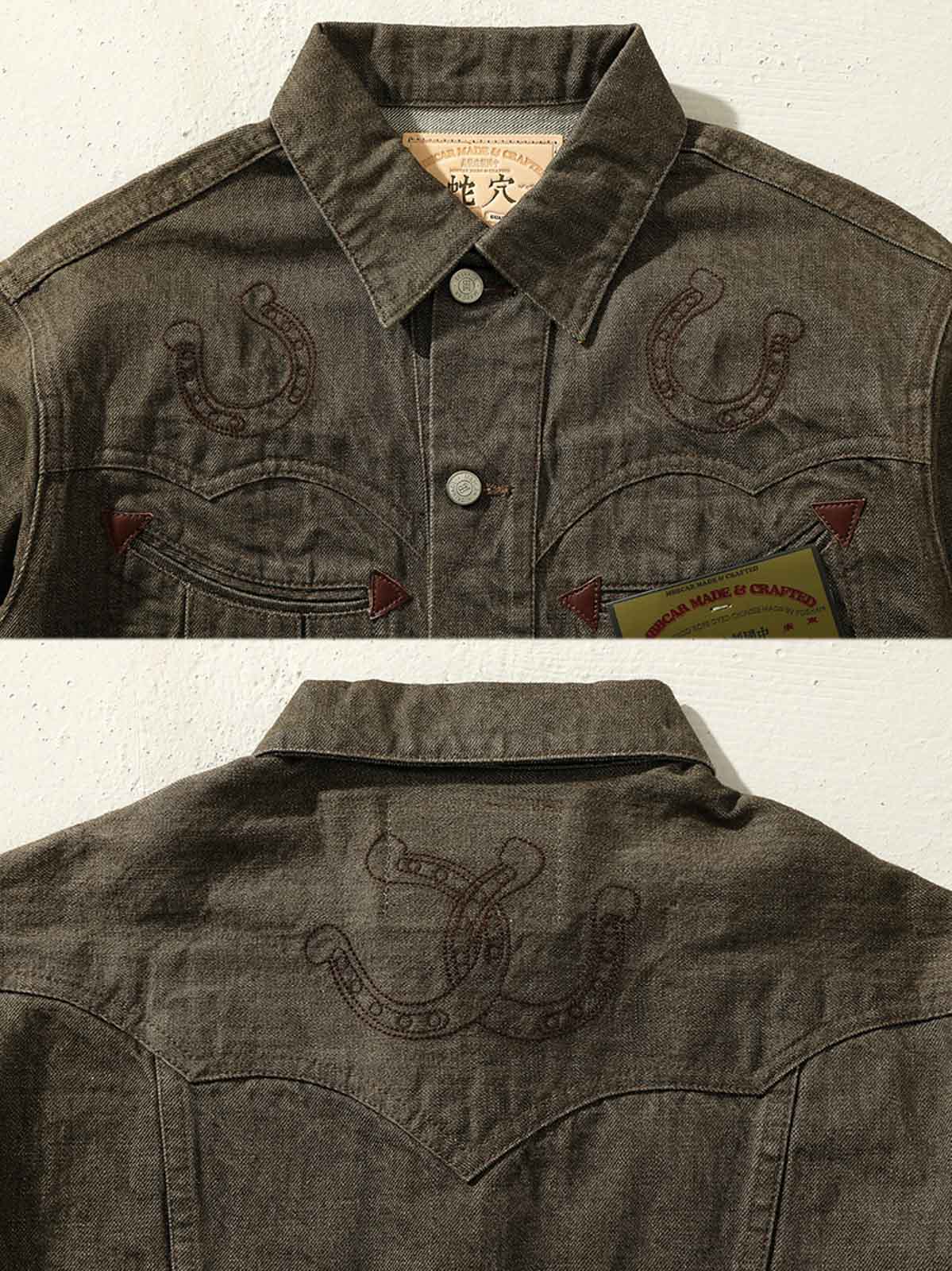 ジグザグ切り替えデザインとラッキーホースシュー刺繍のディテール