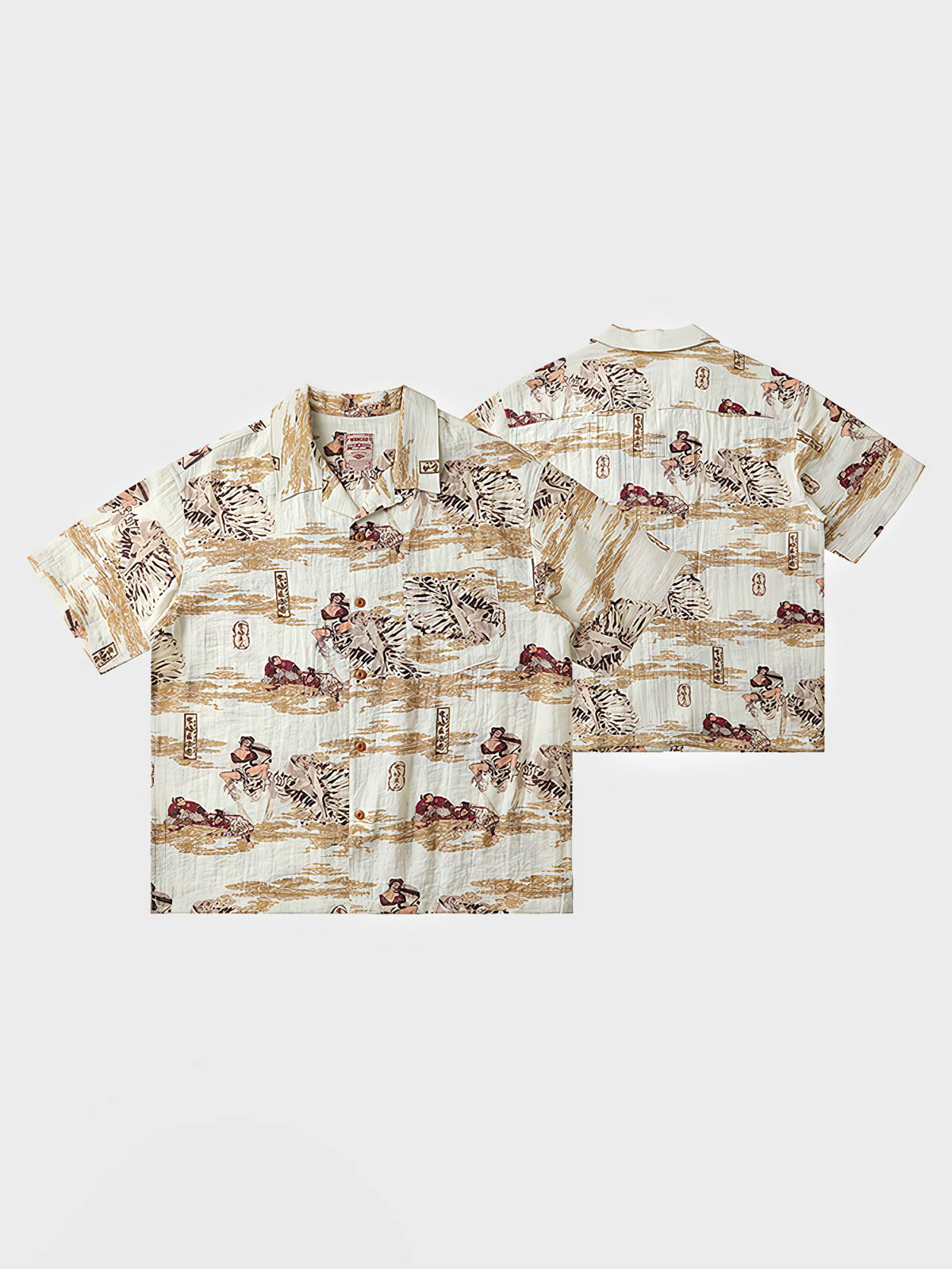 浮世絵スタイルのハワイアンシャツ、歌川国芳の影響を受けた独特のプリントデザイン。
