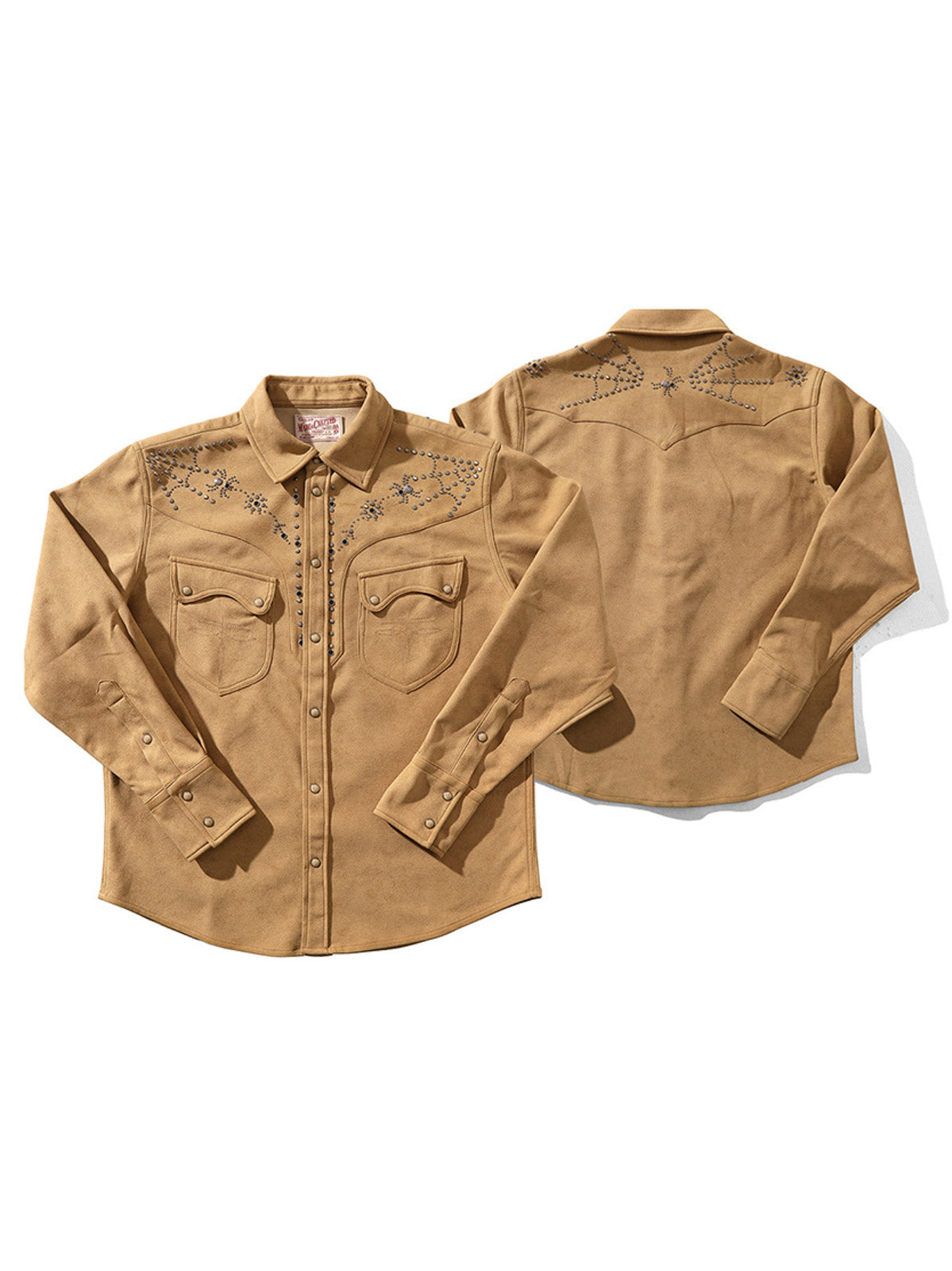 製品画像: カーキ色のスエード調ウエスタンシャツの正面展示
詳細画像: ビーズ装飾と狼モチーフのディテール展示