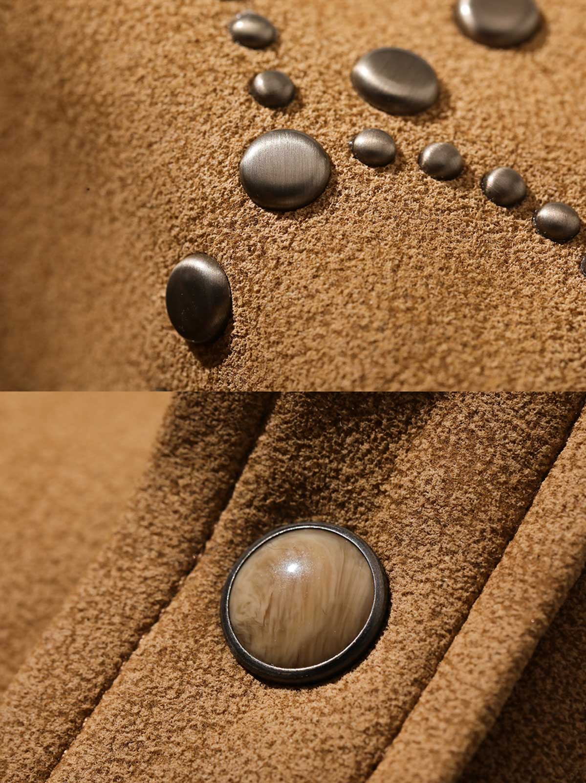 製品画像: カーキ色のスエード調ウエスタンシャツの正面展示
詳細画像: ビーズ装飾と狼モチーフのディテール展示