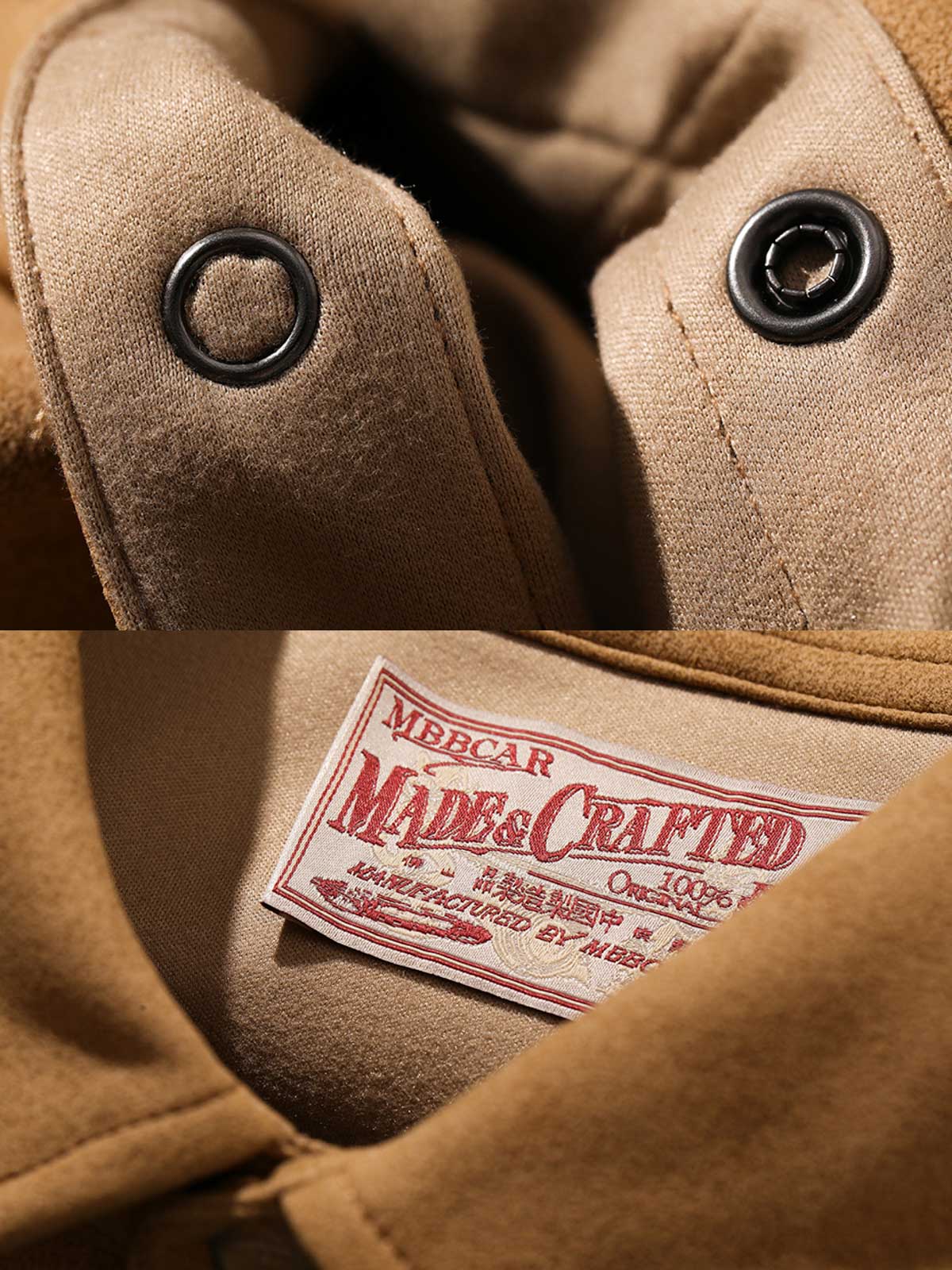 製品画像: カーキ色のスエード調ウエスタンシャツの正面展示
詳細画像: ビーズ装飾と狼モチーフのディテール展示