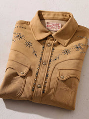 製品画像: カーキ色のスエード調ウエスタンシャツの正面展示
詳細画像: ビーズ装飾と狼モチーフのディテール展示