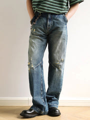 扎染ダメージ 加工ワイドレッグハイウエスト デニムパンツ