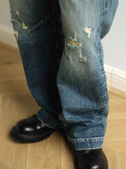 扎染ダメージ 加工ワイドレッグハイウエスト デニムパンツ