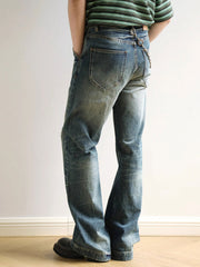 扎染ダメージ 加工ワイドレッグハイウエスト デニムパンツ