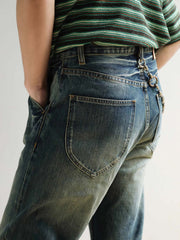 扎染ダメージ 加工ワイドレッグハイウエスト デニムパンツ