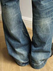 扎染ダメージ 加工ワイドレッグハイウエスト デニムパンツ