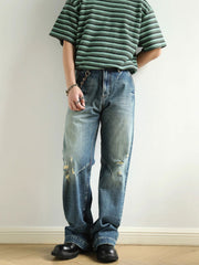 扎染ダメージ 加工ワイドレッグハイウエスト デニムパンツ