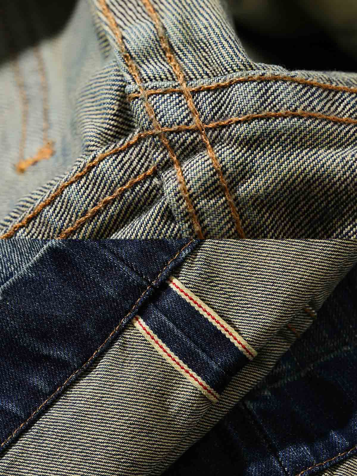 デニムパンツの破れやタイダイのディテール、高品質の赤耳デニムと複雑なボタンディテールのクローズアップ。