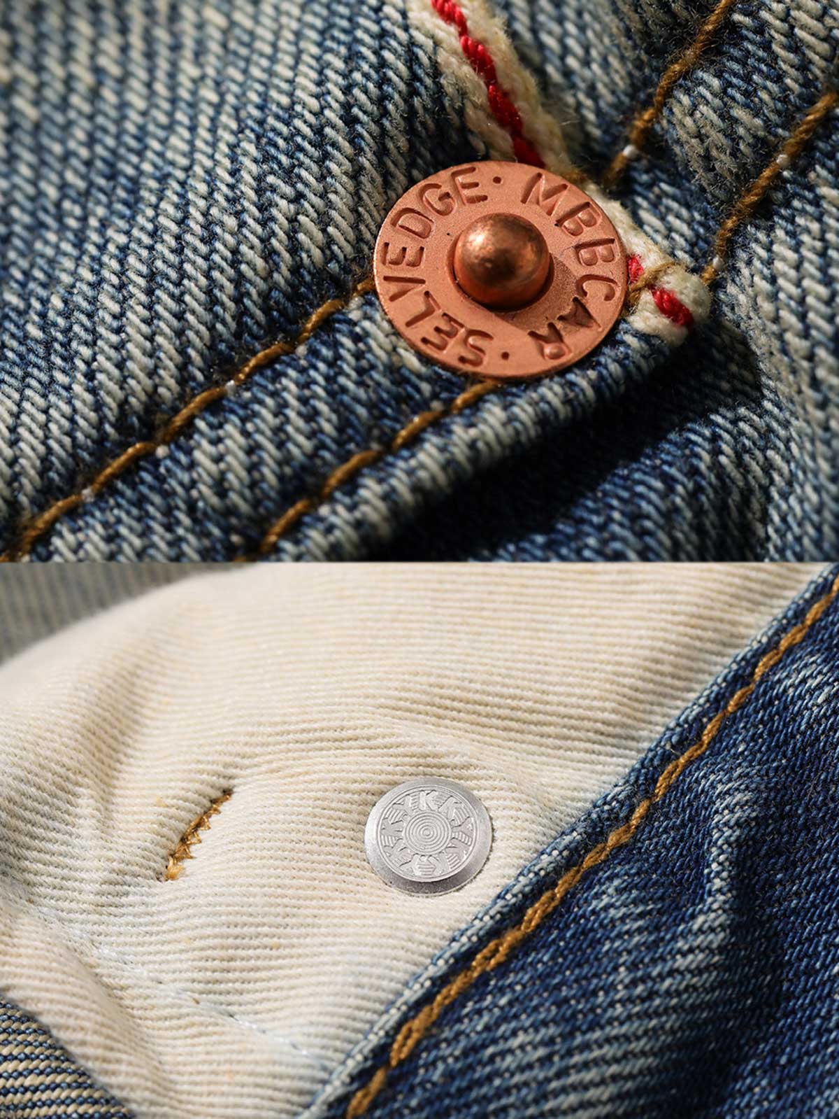 フレアパンツの三角形切り替えデザインとダメージ加工のディテール