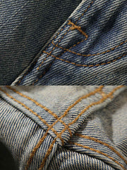 フレアパンツの三角形切り替えデザインとダメージ加工のディテール