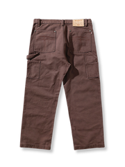 製品画像: 16OZ両膝刺繍ヴィンテージ加工ハイウエストワイドレッグワークパンツの平置き写真
詳細画像: 刺繍と膝当てデザインのディテール