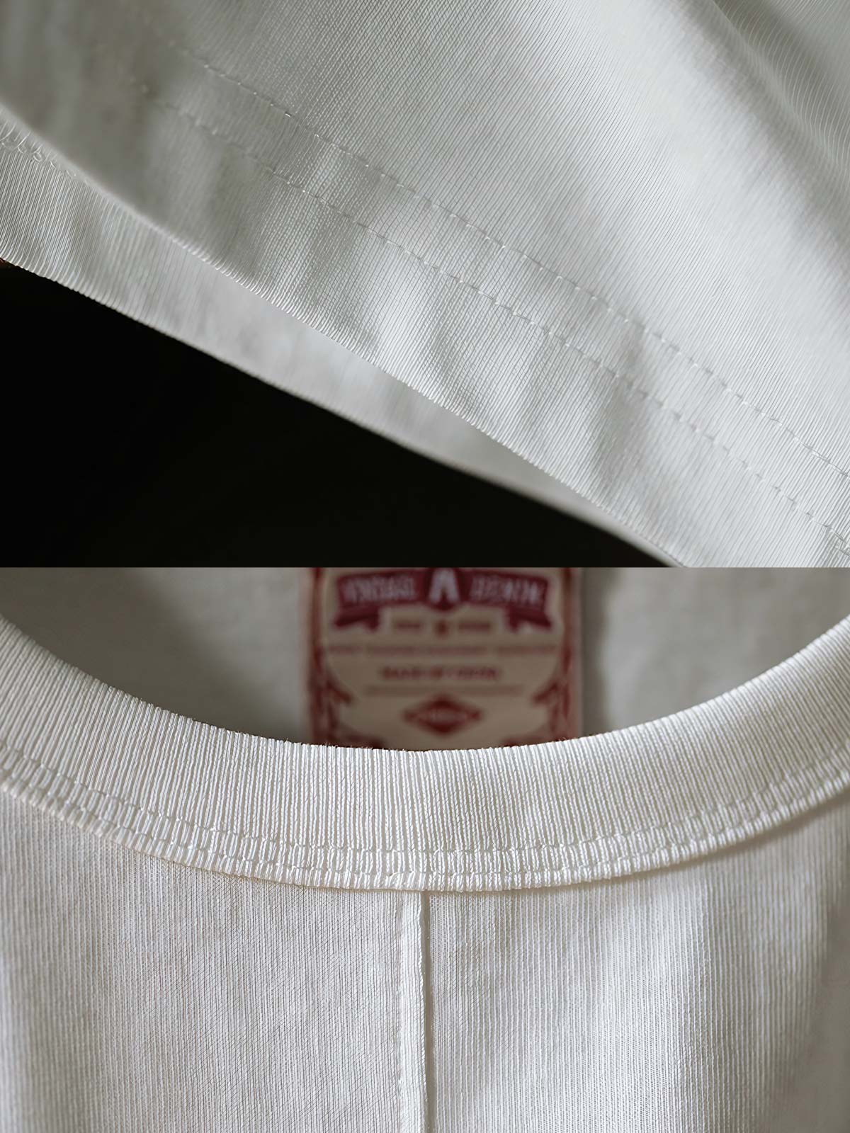 独特な斑点模様と中央の縫い目の詳細を捉えたワックスダイマーブル加工のTシャツのクローズアップ。ヴィンテージ感を出す質感と色合いが特徴。