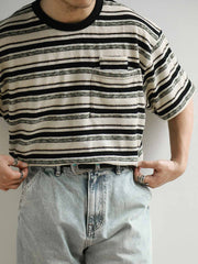 ダブルポケット ホワイト&ブラック ストライプ 半袖Tシャツ