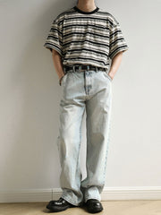 ダブルポケット ホワイト&ブラック ストライプ 半袖Tシャツ