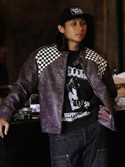 チェッカーフラッグ柄ヴィンテージ加工ショートPUレザージャケット