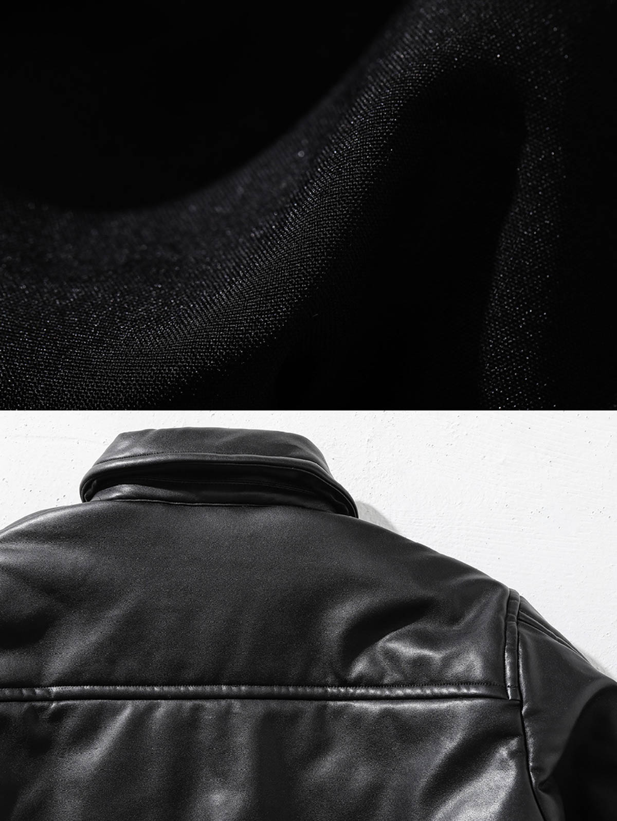 製品画像: PUレザー製ボンバージャケットの正面展示
詳細画像: PUレザーとYKKジップのディテールクローズアップ