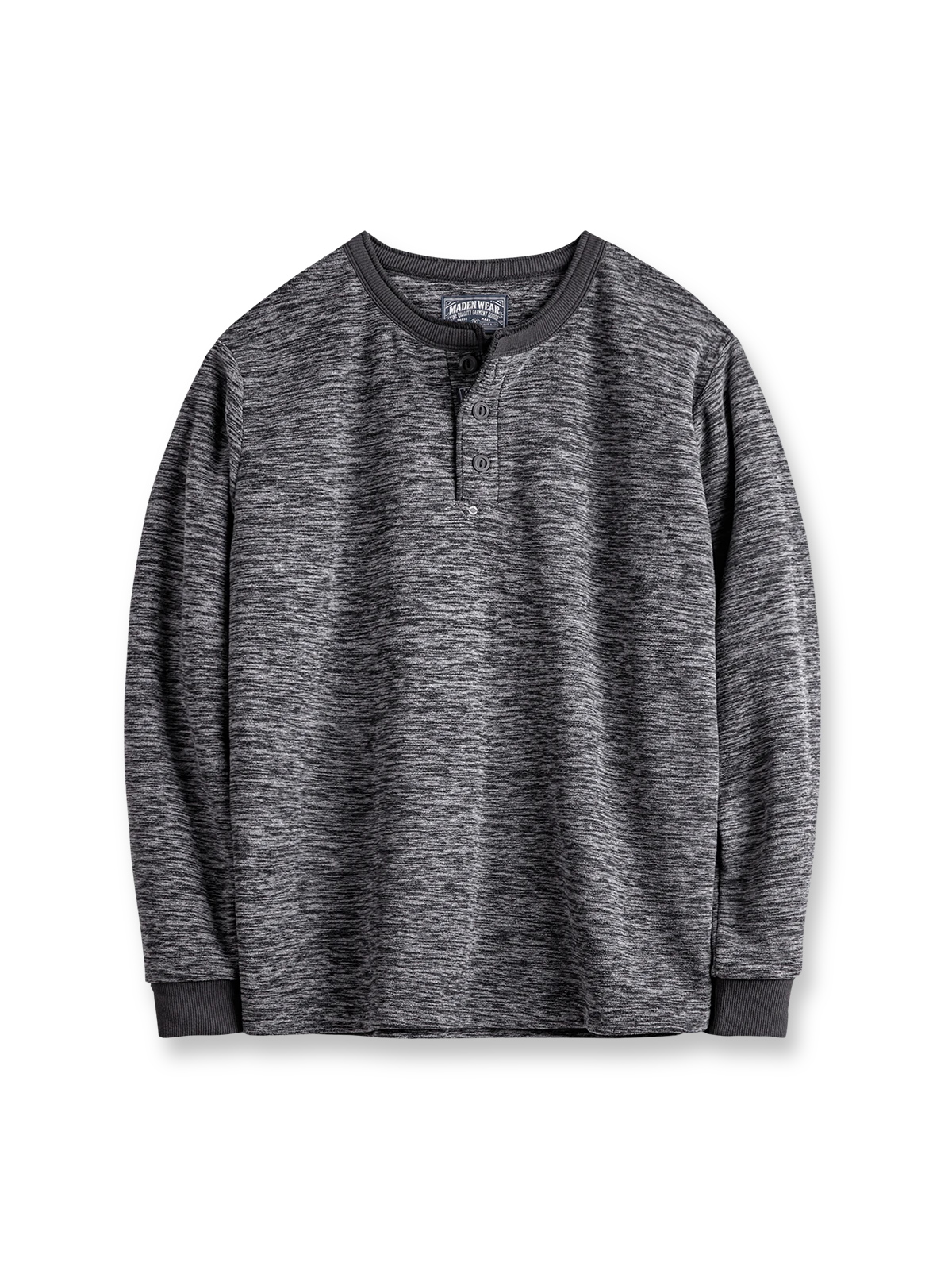 製品画像: アメリカンヴィンテージ ダブルフリース ヘンリーネック長袖Tシャツ メンズ 正面ビュー
詳細画像: ヘンリーネックのクラシックなY字ボタンとダブルフリース素材のディテール