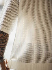 ポロシャツの半開襟と透かし編みのディテール