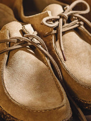 製品画像: ヴィンテージ風スエードレザーカンガルーシューズのサイドビュー展示。60年代のクラシックデザインが特徴的。
詳細画像: コルク粒入りミッドソールと波形ラバーアウトソールのディテール展示で、快適な履き心地を提供。