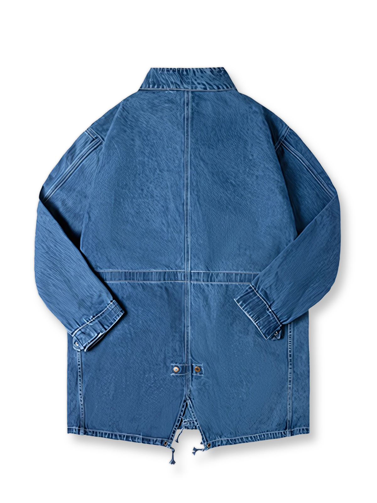 製品画像: アメカジレトロ風M65デニムフィッシュテールコートのフロントビュー。12.8オンスのインディゴデニム生地を使用し、クラシックでスタイリッシュなデザイン
詳細画像: フィッシュテールデザインとウエストドローコードのディテール。調整可能なシルエットで、快適なフィット感を提供