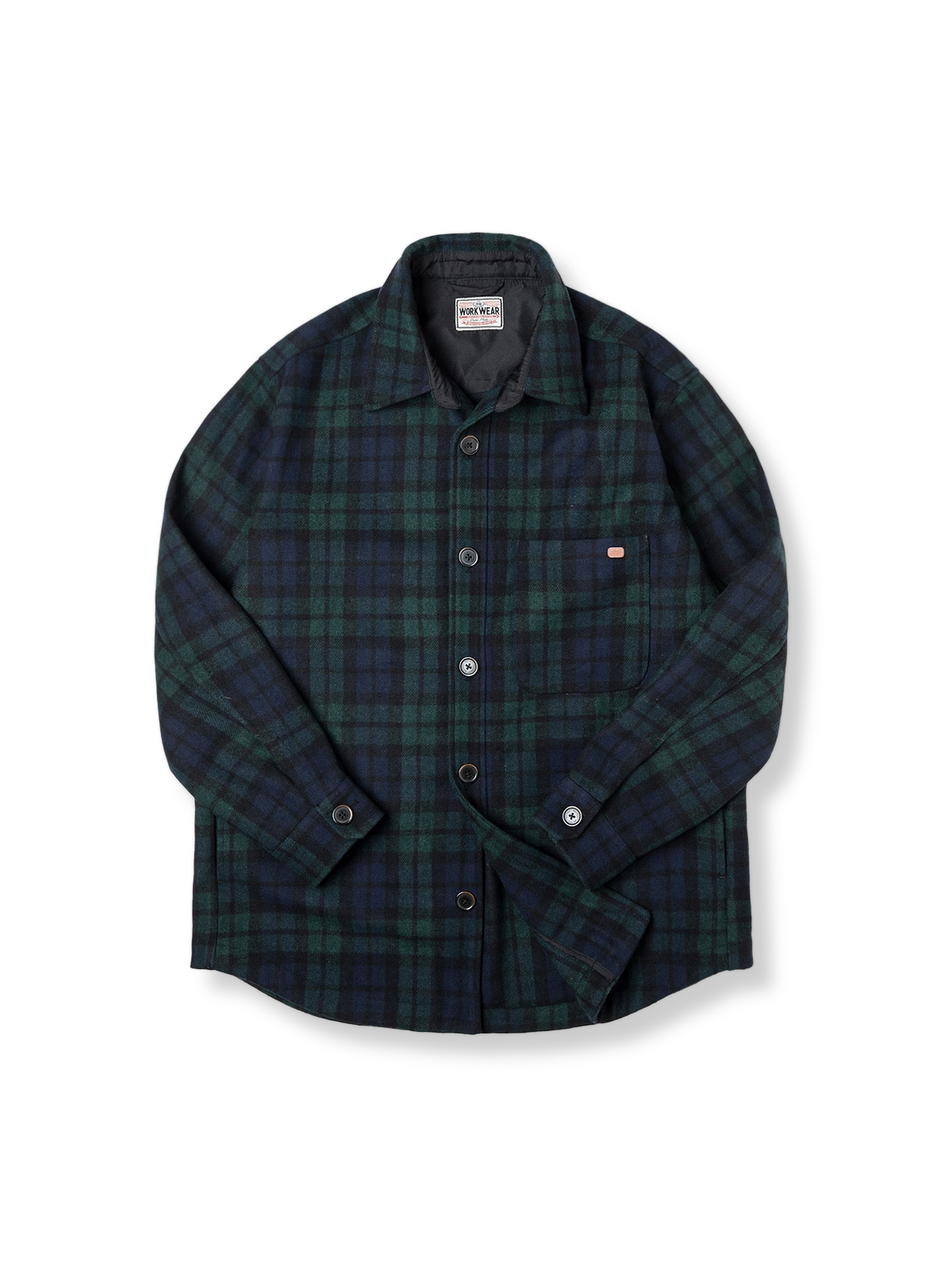 商品画像altテキスト:アメリカンレトロブルーグリーンチェックウールブレンドシャツ正面展示 詳細画像altテキスト:ウールブレンドチェックシャツの生地の詳細 モデル画像altテキスト:モデルがアメリカンレトロブルーグリーンチェックウールブレンドシャツを着用し、全身でポーズをとる