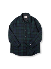 商品画像altテキスト:アメリカンレトロブルーグリーンチェックウールブレンドシャツ正面展示 詳細画像altテキスト:ウールブレンドチェックシャツの生地の詳細 モデル画像altテキスト:モデルがアメリカンレトロブルーグリーンチェックウールブレンドシャツを着用し、全身でポーズをとる