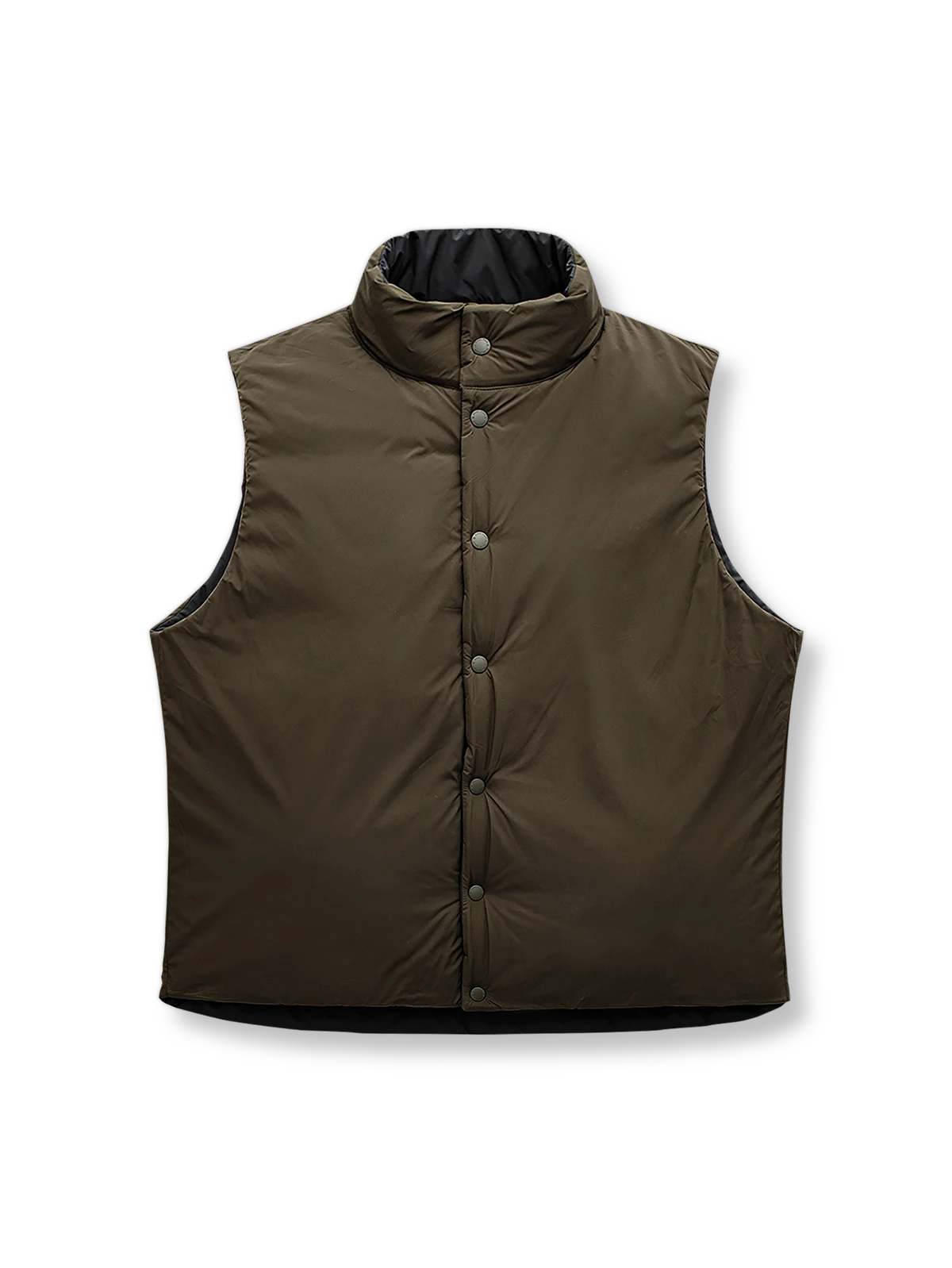 製品画像: リバーシブル キルティング中綿ベスト メンズ ヴィンテージ風デザイン 正面全体図
詳細画像: キルティングデザインとスナップボタン、内側と外側のスタイルのディテール