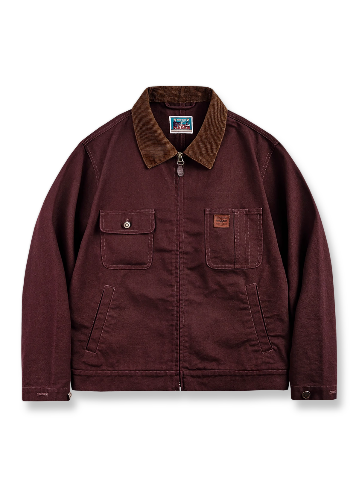 製品画像: デトロイトスタイルのコーデュロイ襟付きハンティングジャケットの平置き写真
詳細画像: コーデュロイ襟とサンダーバードレザーパッチのディテール