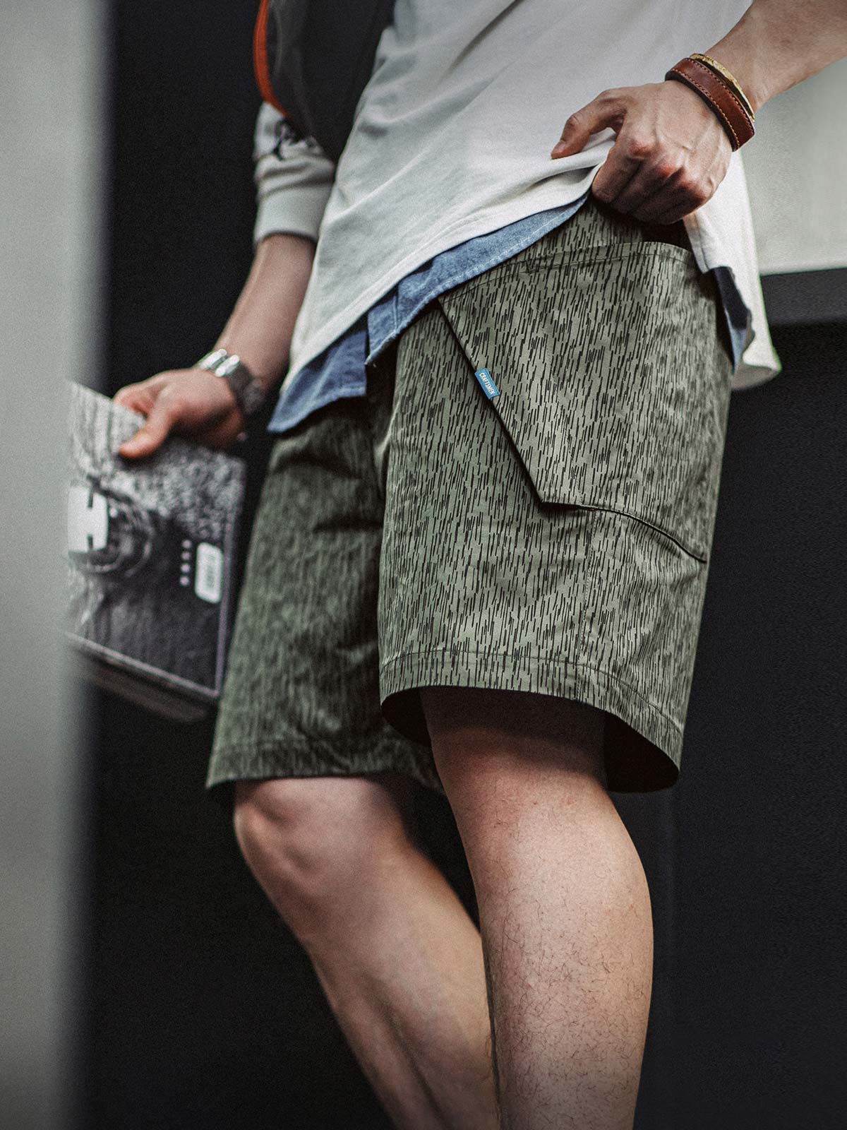 モデルがレインドロップカモフラージュプリントミリタリースタイル機能性ショーツを着用している画像