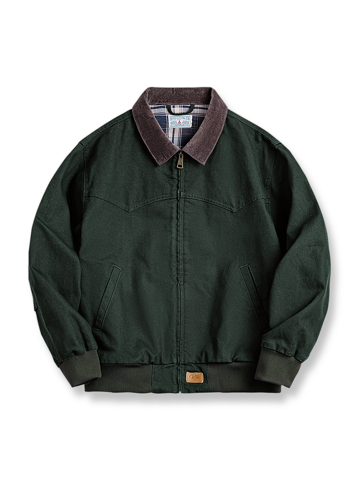 製品画像: ヴィンテージ ヘビーウェイト サンタフェキャンバスジャケット
詳細画像: ジャケットのディテール、レザーエンボスロゴとブロンズジップ