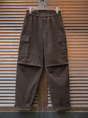 製品画像: ヴィンテージ コーデュロイ アコーディオンプリーツ ワイドストレートワークパンツ メンズ 正面全景
詳細画像: コーデュロイワークパンツのアコーディオンプリーツポケットとリベット、補強されたベルトループのディテール