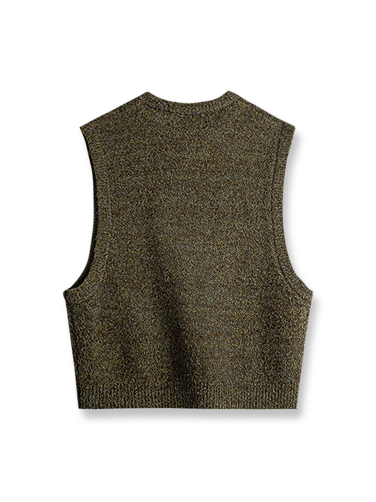 製品画像: アメカジレトロ風モスグリーンVネックニットベストのフロントビュー。柔らかいウール混素材で、秋冬の重ね着風スタイルに最適
詳細画像: 爪型木製ボタンとリブデザインのディテール。レトロなアクセントが魅力のVネックニットベスト