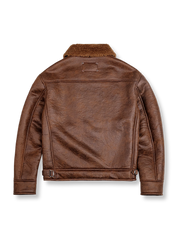 製品画像:アメリカンヴィンテージ風ムートンボマージャケットの正面展示。モカブラウンのレザー表面に色落ち加工が施され、クラシックな雰囲気を演出。
詳細画像:七つボタンの前立てと厚手のシープスキン襟のディテールをクローズアップ。ヴィンテージ感と実用性を兼ね備えた仕様。