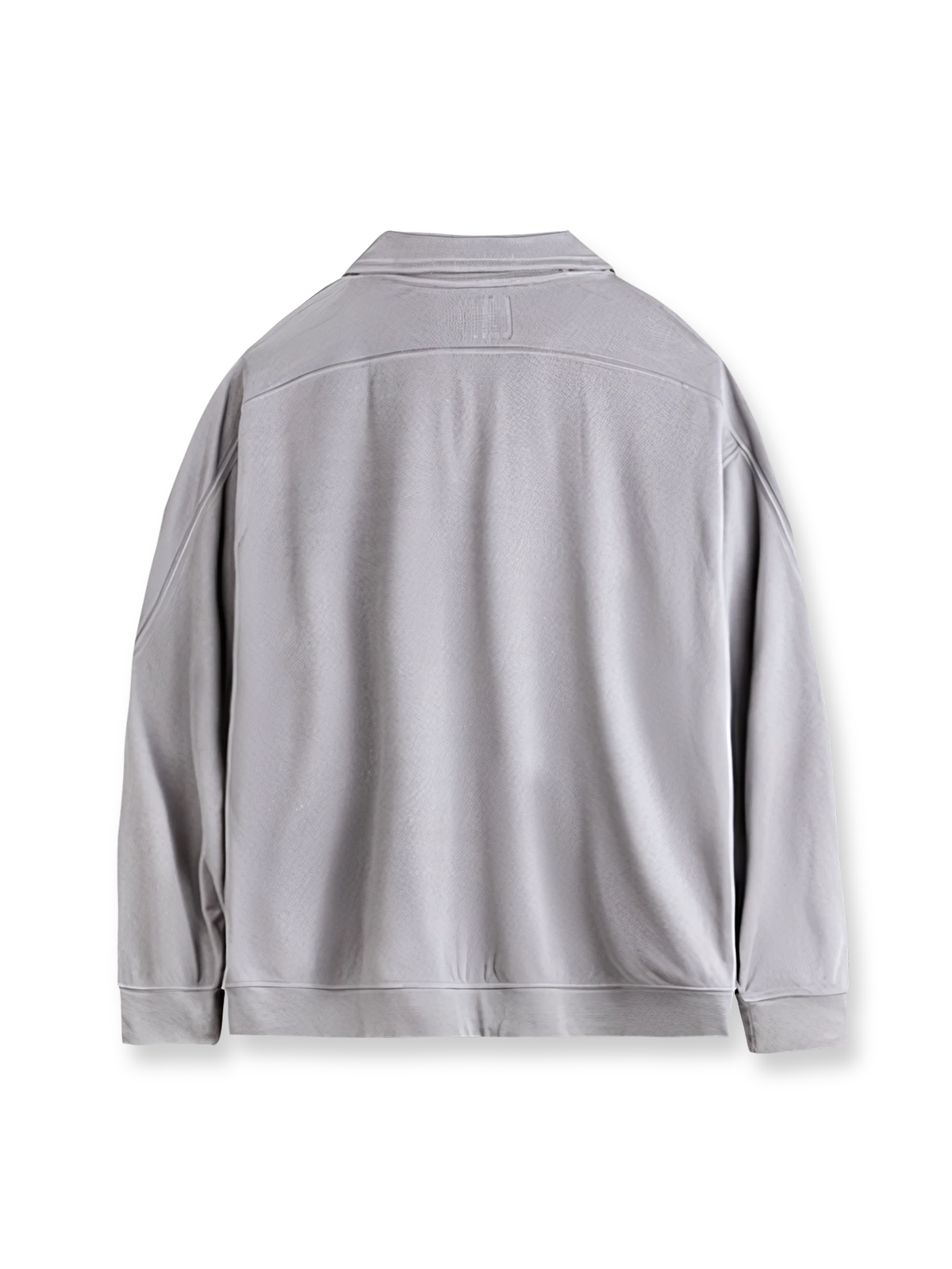 製品画像: スタイリッシュなハーフラウンドジップスタンドカラーポロシャツ、カラー・ブロックデザインの正面画像。
詳細画像: セーターのディテール、ホワイトブラスジッパー、肩と腕のカラー・ブロックデザインが強調されたクローズアップ画像。