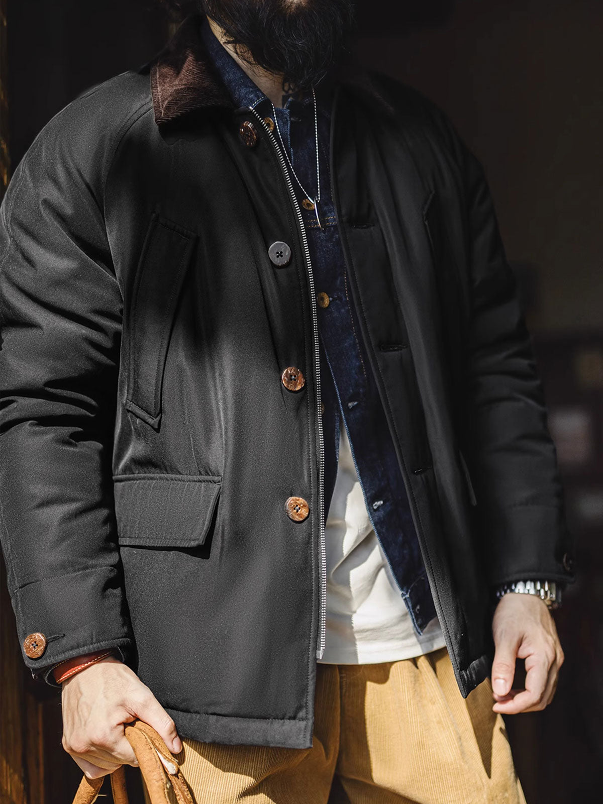 詳細画像: コーデュロイラペルカラーとココナッツボタンの細部展示。ヴィンテージ感が引き立つディテール。
モデル画像: 男性モデルが着用するアメリカンレトロハンティングジャケットの硬派なスタイル。秋冬にぴったりのワークウェアコーディネート。